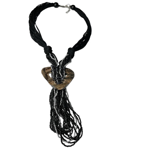 Wooden statement necklace black brown and silver new without tags - Picture 2 of 3